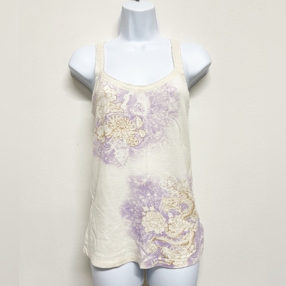 Lucky Tees Womens Cream Purple Lace Accent Dragon Lotus Flower Print Tank Size M - Picture 2 of 12